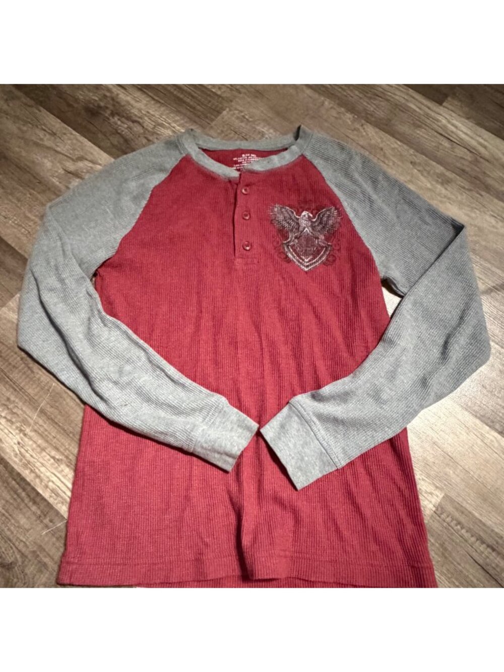 Rebellion Mens Red & Gray Long-Sleeve Henley Shirt With Eagle Crest & Shield Gra
